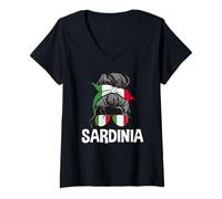 Mujer Sardinia Italy Messy Hair Bun - Gafas de Sol con Bandera Italiana para Mujer Camiseta Cuello V