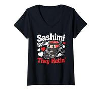 Mujer Sashimi Rollin They Hatin Sushi Ciclista Comida Japonesa Divertida Camiseta Cuello V