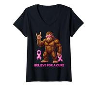 Mujer Sasquatch Believe for a Cure Fun Concientización sobre el cáncer de Mama Camiseta Cuello V