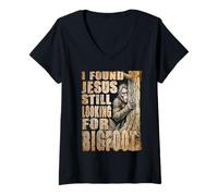 Mujer Sasquatch Encontrado Jesús Buscando Bigfoot Divertido Humor Camiseta Cuello V