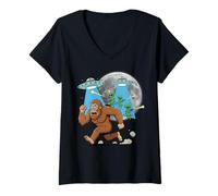 Mujer Sasquatch huyendo de alienígenas con diseño de Humor láser Camiseta Cuello V