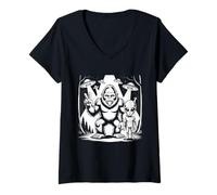 Mujer Sasquatch y Alien Peace Sign in The Forest Funny Meme Camiseta Cuello V