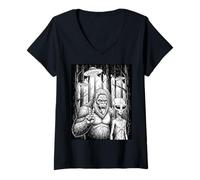Mujer Sasquatch y Alien Peace Sign in The Forest Funny Meme Camiseta Cuello V