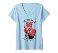Mujer Satanás Dice Hacerse un Tatuaje Tatuador de Diablo entintado Divertido Camiseta Cuello V