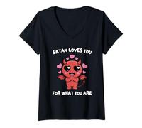 Mujer Satanás Te Ama Tal Y como Eres. Camiseta Cuello V