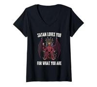 Mujer Satanás Te Ama Tal Y como Eres. Camiseta Cuello V