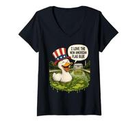 Mujer Sátira del Pato Americano con Piscina Reflectante en el Monumento a Lincoln Camiseta Cuello V