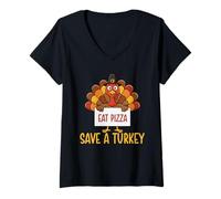 Mujer Save A Turkey Eat Pizza - Día de Acción de Gracias Otoño Vacaciones Camiseta Cuello V