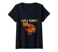 Mujer Save a Turkey Eat Pizza Divertido Acción de Gracias Hombres Mujeres Comida Camiseta Cuello V