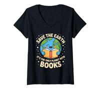 Mujer Save Earth It's Only Planet with Books Reader Día de la Tierra Camiseta Cuello V