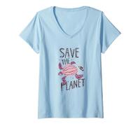 Mujer Save The Planet Tortuga Tierra Cambio climático Calentamiento Global Camiseta Cuello V