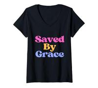 Mujer Saved by Grace Inspirador Christian Faith Arte Gráfico Camiseta Cuello V