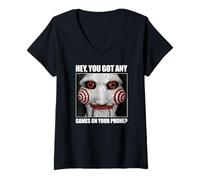 Mujer Saw Got Any Games on Your Phone Jigsaw Meme Horror Movie Camiseta Cuello V