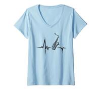 Mujer Saxofón Heartbeat - Vintage Saxofón Jazz Music Lover Camiseta Cuello V