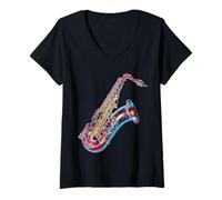 Mujer Saxofón Instrumento Musical Obra gráfica Saxofón Camiseta Cuello V