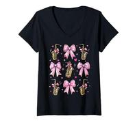 Mujer Saxofón Instrumento Saxofonista Saxista Saxista Chica Coqueta Camiseta Cuello V