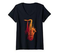 Mujer Saxofón Jazz Músico Abstracto Saxofón Instrumento Camiseta Cuello V