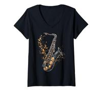 Mujer Saxofón Música Abstracto Gráfico Instrumento Motivo Saxofón Camiseta Cuello V