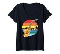 Mujer Saxofón retro jazz vintage música para fans Camiseta Cuello V