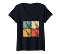 Mujer Saxofón Vintage Saxofonista Jugador Jazz Música Amante Camiseta Cuello V