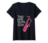 Mujer Saxofonista, esta chica toca el saxofón Camiseta Cuello V