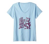 Mujer Saxophone Cat Less Stress More Jazz Camiseta Cuello V