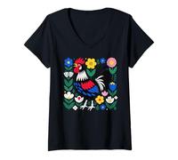 Mujer Scandi Folk Art Gallo Diseño Granjero Pollo Camiseta Cuello V