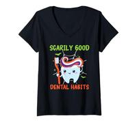 Mujer Scarily Buenos Hábitos Dentales Odontología Dental Halloween Camiseta Cuello V