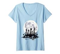 Mujer Scary Zombie Hands Luna Llena Horror Halloween Temporada Espeluznante Camiseta Cuello V