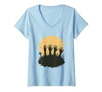 Mujer Scary Zombie Hands Luna Llena Horror Halloween Temporada Espeluznante Camiseta Cuello V