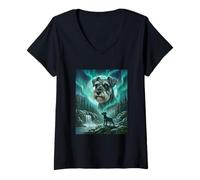 Mujer Schnauzer Aurora Borealis Northern Lights Dog Moon Forest Camiseta Cuello V
