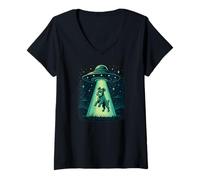 Mujer Schnauzer Dog Extraterrestre OVNI Secuestro Bajo Estrellas Nocturnas Camiseta Cuello V