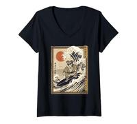 Mujer Schnauzer Miniatura japonés Surf Kanagawa Samurai Perro Camiseta Cuello V