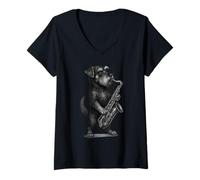 Mujer Schnauzer Tocando Saxofón Jazz Música Amante de Perros Camiseta Cuello V