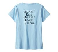 Mujer Scotch Kilts Bagpipes Gaelic Tartan Scotland Meme EN LA Espalda Camiseta Cuello V