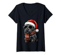 Mujer Scottish Terrier Dog Scottie Sombrero de Papá Noel a Cuadros Bufanda Sombras Camiseta Cuello V