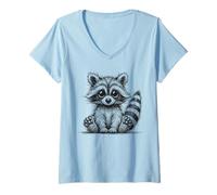 Mujer Scribble Raccoon Dibujado a Mano, Lindo bebé Panda Basura Camiseta Cuello V