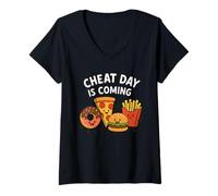 Mujer Se Acerca el día del Truco: Pizza Divertida, Dona, Papas Fritas, Hamburguesa Camiseta Cuello V