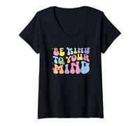 Mujer Sé Amable con tu Mente Groovy Retro Conciencia sobre la Salud Mental Camiseta Cuello V
