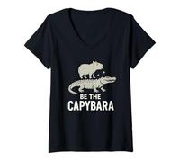 Mujer Sé el carpincho, tranquilo y divertido montando un caimán, vibraciones relajadas Camiseta Cuello V