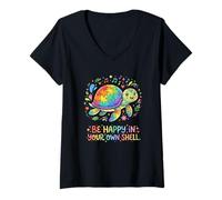 Mujer Sé Feliz en tu Propia Tortuga de concienciación sobre el Autismo Camiseta Cuello V