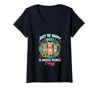 Mujer Sé Feliz, Hace Que la Gente se vuelva Loca, Gatito, Gato, Flores Camiseta Cuello V