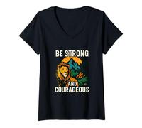 Mujer Sé fuerte y valiente cristiano de Lion Mountain Camiseta Cuello V