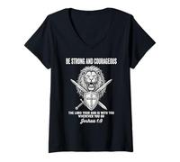 Mujer Sé Fuerte y Valiente Escudo de León Escritura Cristiana Camiseta Cuello V