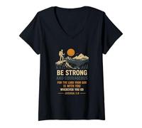 Mujer Sé Fuerte y Valiente Josué 1:9 Senderismo Fe Camiseta Cuello V