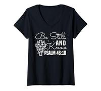 Mujer Sé Paciente y Conoce Salmo 46:10 Cruz Floral Camiseta Cuello V