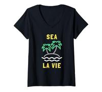 Mujer Sea La Vie - Minimalista Playa Océano Juego de Palabras Palmera Camiseta Cuello V