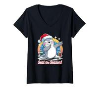 Mujer Seal The Season - Gorro de Papá Noel Divertido con Sello navideño Camiseta Cuello V