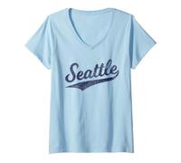 Mujer Seattle State of Washington Baseball Script Flag Swoosh Camiseta Cuello V