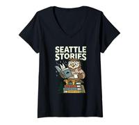 Mujer Seattle Stories Rainy Day Tales, Amante de los Libros, Owl Club Pacific Camiseta Cuello V